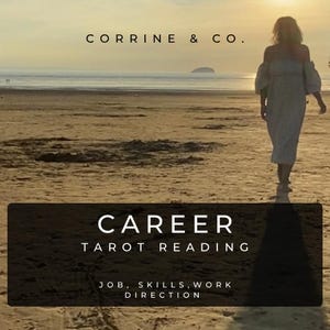 Peut inclure: Un graphique numérique avec le texte CORRINE & CO. en haut et un rectangle noir en bas contenant le texte blanc CAREER TAROT READING et JOB, SKILLS, WORK DIRECTION. L'arrière-plan montre une plage au coucher du soleil.