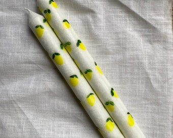 Lemon Citrus Hand Painted Stearin Candle Sticks + Unscented + Fresh + Dinner Candles
