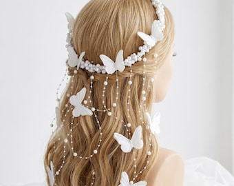 Butterfly Pearl Hair Vine Bridal Headpiece – Handmade Wedding Hair Beaded Tassel Chains