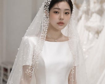 Pearl Bridal Veil,Cathedral Length Wedding Scarf | Unique Veil