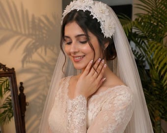 Bridal Veil Headband with Floral Lace|White Wedding Veil