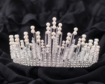 Perlen Braut Tiara - Silber Kristall Haarschmuck