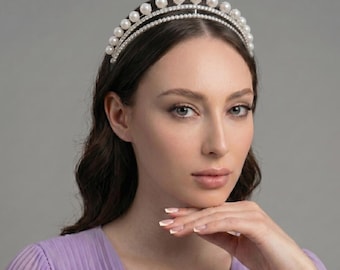 Pearl & Rhinestone Tiara|Alloy rhinestone hairband for women