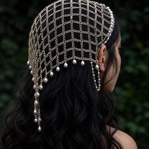 Diadema de malla metálica con velo para el cabello, tocado de novia con perlas.
