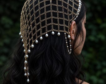Chain Hair Veil Headband|Chainmail,Pearl Bridal Headpiece|