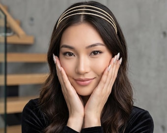 Silver gray,Champagne Gold Crystal Rhinestone Headband,Women Vintage Thin Hair Hoops Hair Accessories