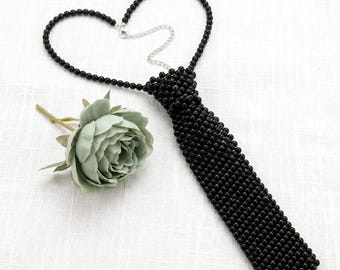 Black,White Pearl Necktie Necklace | Handmade Beaded Tie, Feminine Jewelry
