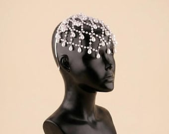 Pearl Drop Veil Headpiece|Handmade Pearl Juliet Cap Bridal Hairpiece