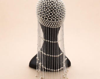 Pearl Juliet Cap Headpiece, Woven Pearl Fringe Bridal Hair Jewelry