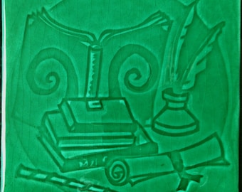 Handmade 'Spell Books' design tile In Jade Green colour glaze,