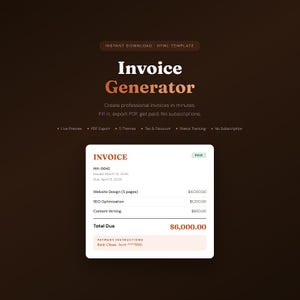 Puede incluir: Gráfico marrón con el texto "Invoice Generator" en blanco y naranja. La imagen incluye una factura de muestra con detalles para el diseño web, la optimización SEO y la redacción de contenidos, por un total de 6.000,00 €.