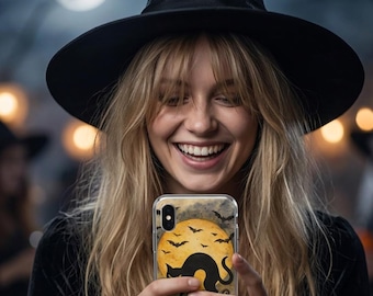 Halloween Phone Case, Cute Spooky Cat & Pumpkin Case, Retro Fall Phone Cover