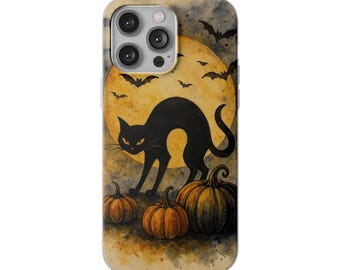 Black Cat Phone Case, Cute Pumpkin Cat Phone Cover, Retro Spooky Fall Case, Halloween Gift for Cat Lovers