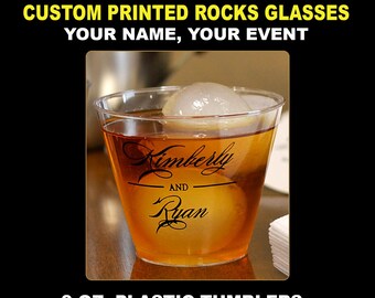 Custom party drinkware, Personalized Plastic Rocks Glasses,  Cocktail Tumblers, Wedding & Birthday cups