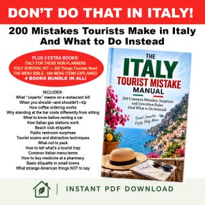 May include: A digital book bundle titled The Italy Tourist Mistake Manual, featuring a cover with a coastal Italian landscape, a straw hat, sunglasses, and a map. The text lists 200 mistakes, extra books, and topics like tipping, coffee, and scams.
