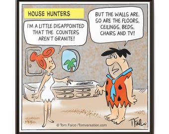 Retro Wall Art. 1960s art, cartoon art, Framed - Flintstones House Hunters, gift for realtors, architects gift, housewarming gift