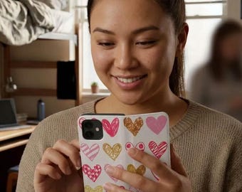 Pink hearts Flip Case for iphones, flip case for samsung phones | Hearts phone case - Phone Wallet, vegan faux leather case, vegan case