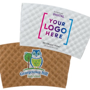 May include: Two beverage wraps, one white with the text "American Digital YOUR LOGO HERE BEVERAGE WRAP D-BWS-WHITE" and the other brown with a green owl and the text "Georgetown Hill Early School"