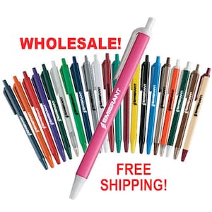 May include: A variety of pens in different colors, including pink, red, blue, green, yellow, and black. The pens are all labeled with the word "Emigrant". The text "Wholesale!" and "Free Shipping!" is also visible in the image.