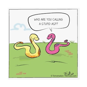 May include: A humorous cartoon shows two snakes on grass. One is yellow, the other pink. A speech bubble above them says, "WHO ARE YOU CALLING A STUPID ASP?" The artist's signature and website are in the bottom right corner.