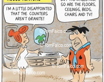 Flintstones - House Hunters real estate comic / cartoon by Tom Falco (Tomveration). Perfect for business cards, realtors, mortgage