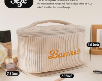 Gepersonaliseerde, geborduurde corduroy make-uptas: grote reisorganizer voor cosmetica