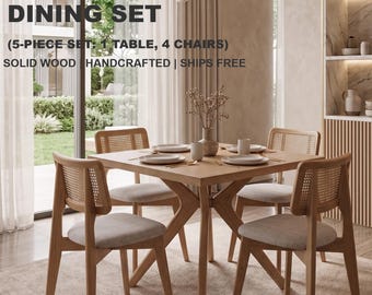 Solid Chestnut Dining Table Set with 4 Matching Chairs | Handcrafted Wooden Dining Room Furniture | 5-Piece Modern Kitchen Set