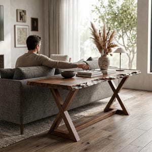 Massief walnoothouten banktafel, live edge achter de banktafel, smalle woonkamerconsole, aangepast formaat houten halbureau, rustieke banktafel
