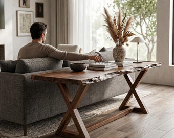 Mesa auxiliar de nogal macizo para sofá, mesa auxiliar con borde natural para detrás del sofá, consola estrecha para sala de estar, escritorio de madera a medida para recibidor, mesa auxiliar rústica para sofá.