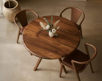 Round Dining Table for Small Spaces, Modern Compact Wooden Table Setup
