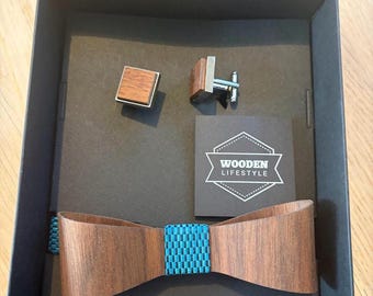 ウォールナット材の蝶ネクタイカフスボタン – エストニアデザインの手作りギフトボックス入り