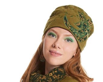 Fleece, winter, warm, boho, cossack style hat with applique and embroidery.