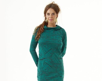 Short hooded cotton dress with long sleeves in chain print