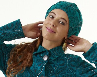 Hippie Printed corduroy cloche hat with elasticated back.