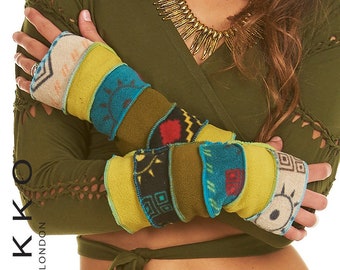 ARM WARMERS, wrist warmers, fingerless gloves, HIPPy GLOVES, muffs, patchwork wrist warmers with thumb hole