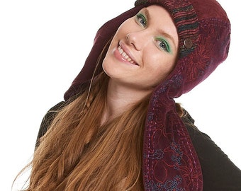 PSYTRANCE HOOD, hat with ear flaps, ELF Hood, Pixie hat, Fairy hood, pixie clothing, Peruvian style hat in velvet and lace with ling ears.