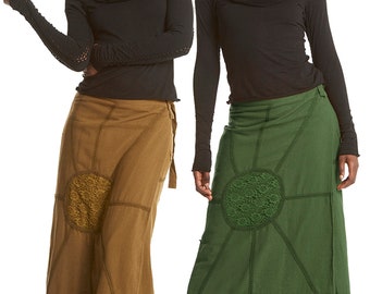 GYPSIE, wraparound, long, goa, psytrance, cotton Jute long wrap skirt with sun applique.