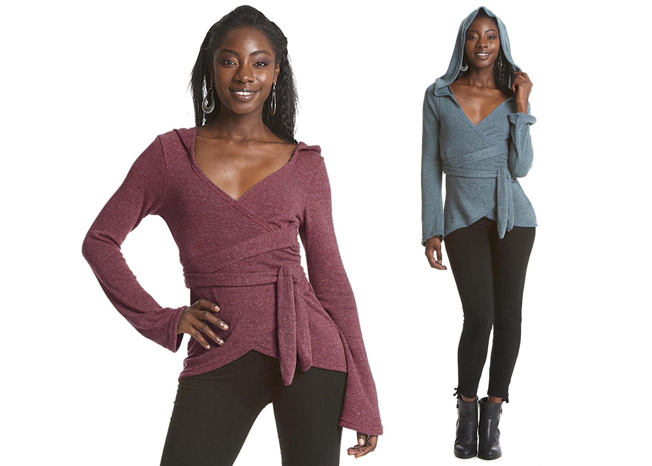 Image of Pixie Hoodie - Knitted Cotton Wrap Top, Large Neck/Hood Psytrance Steampunk Top, Crossover Jacket, Ckjkwr