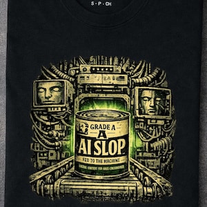Puede incluir: Una camiseta negra con un estampado gráfico de una lata de metal etiquetada GRADE A AI SLOP FED TO THE MACHINE sobre una cinta transportadora, rodeada por dos monitores de computadora que muestran rostros y maquinaria compleja.