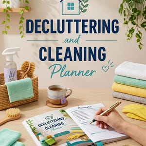 May include: An open decluttering and cleaning planner with the text "DECLUTTERING and CLEANING Planner". The image includes cleaning supplies, a cup of tea, and folded towels. A hand writes in the planner with a gold pen. The planner is labeled "Best-Selling Organizer".