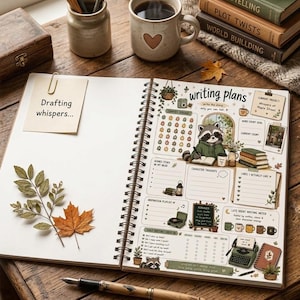 May include: A spiral-bound planner open to a page titled Writing plans, featuring illustrations of a raccoon, books, and a typewriter. The page includes sections for scene tracking, character thoughts, and a late-night writing meter. A sticky note reads Drafting whispers, and a fountain pen lies nearby.