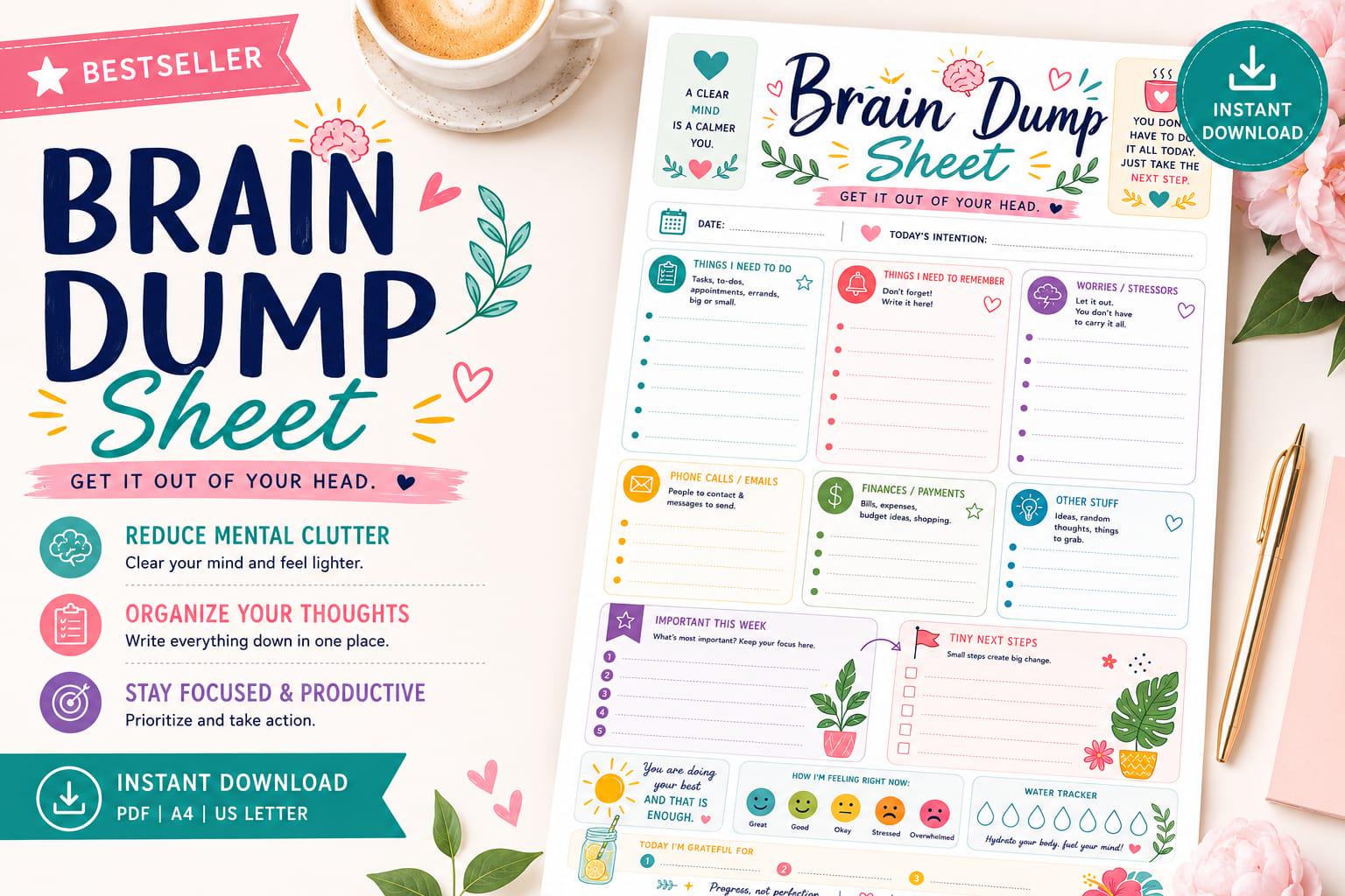 Brain Dump Sheet Printable| Mental Health Planner | ADHD Brain Dump ...