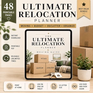 May include: An Ultimate Relocation Planner with 48 printable pages. The planner includes moving, budget, declutter, and organize sections. The image shows a tablet with a moving guide, boxes labeled kitchen, bedroom, and living room, and a house key.