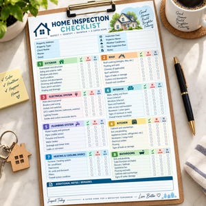 Pode incluir: Uma lista de verificação de inspeção residencial em uma prancheta com seções para exterior, telhado, sistema elétrico, encanamento, cozinha, interior, aquecimento, resfriamento e banheiros. O documento apresenta uma ilustração de casa.