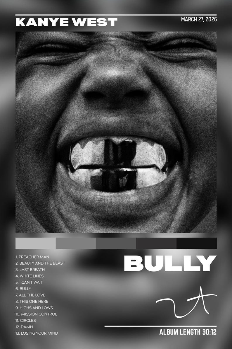 Kanye West Bully Poster, Hip Hop Album Cover Print, Tracklist Wall Art ...