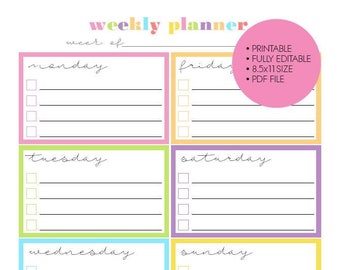Printable EDITABLE Weekly Planner Calendar | Etsy