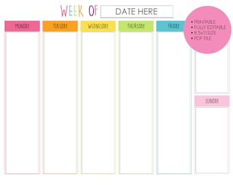 Printable EDITABLE Weekly Calendar, 11"x8.5", Pastel Rainbow