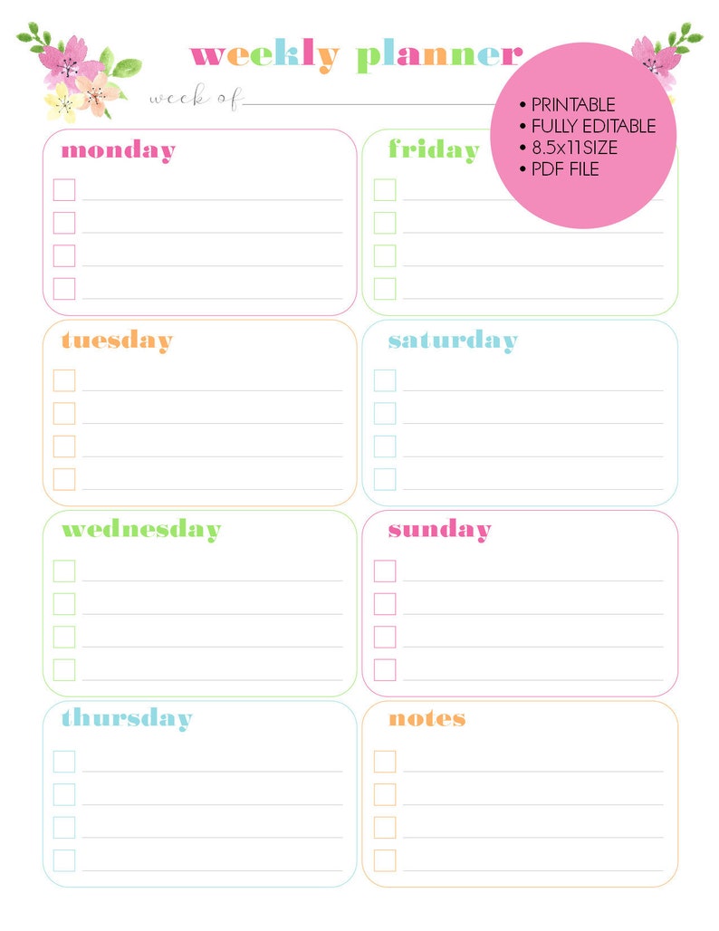 Printable EDITABLE Weekly Planner Calendar, 8.5x11, Watercolor Flowers ...