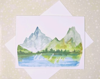 Mountain and Lake, Watercolor, Thank You Note Cards, 8ct