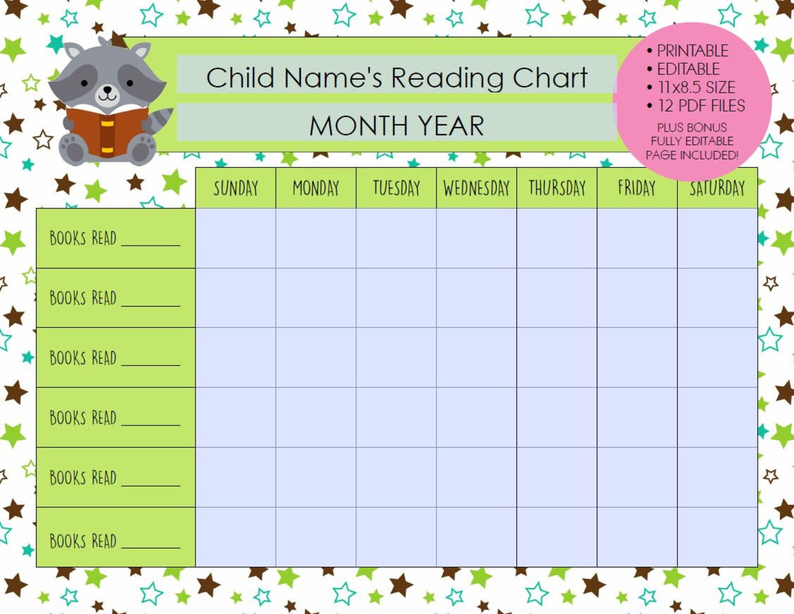Printable EDITABLE Monthly Reading Chart 11x8.5 Etsy Ireland